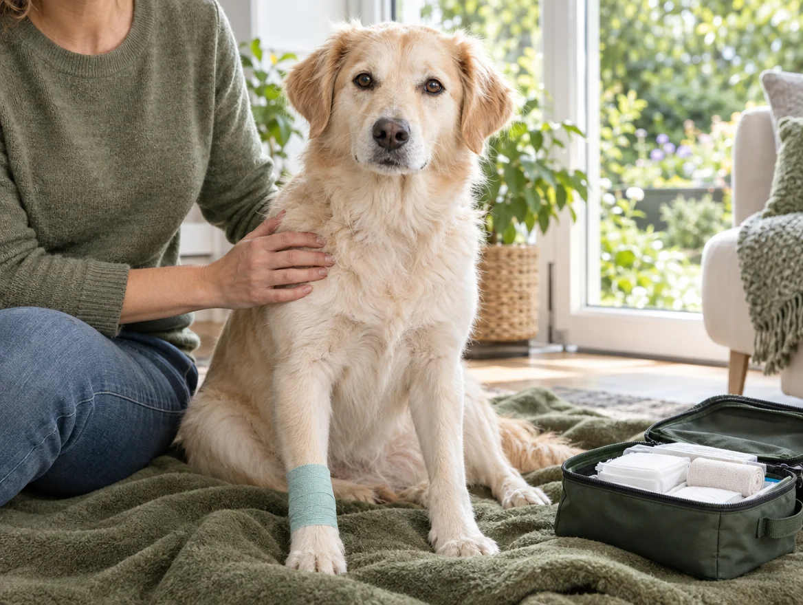 KI-Symbolbild: ruhig betreuter Hund mit einem Pfotenverband