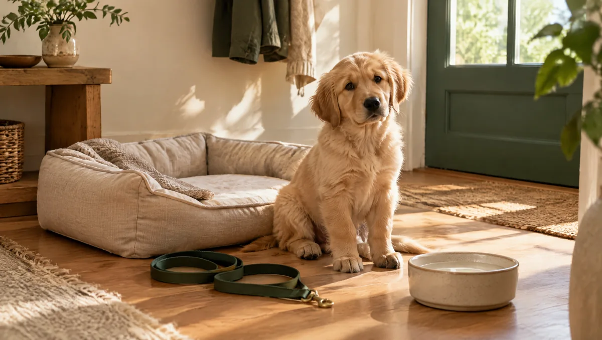 KI-Symbolbild: Ein freundliches Zuhause mit Welpe, Leine und Hundebett