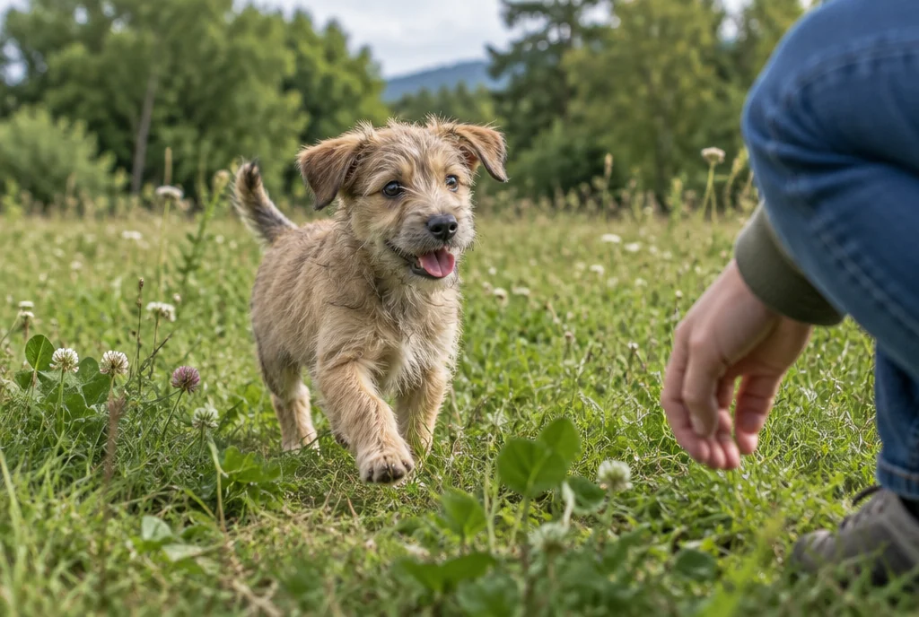 Ein junger Hund läuft auf einer Wiese zu seinem Menschen – KI-Symbolbild